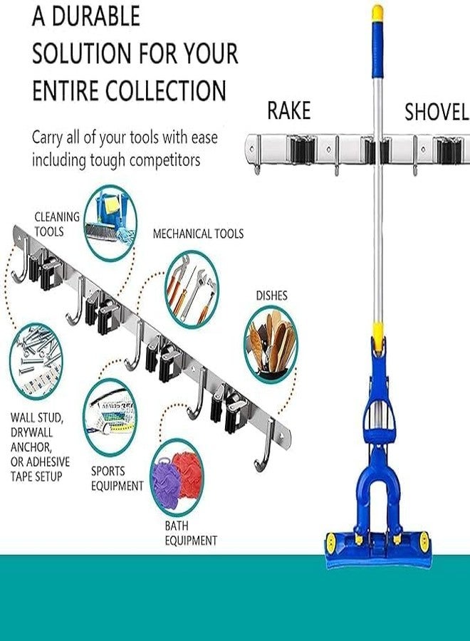 DAOME حامل مكنسة وممسحة جداري من الفولاذ المقاوم للصدأ من DAOME، منظم تخزين جداري شديد التحمل للأدوات، مزود بـ 5 أرفف و4 خطافات، مناسب للمطبخ والحمام والخزانة والجراج والمكتب والحديقة، أرفف معلقة. - Image 5